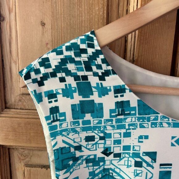 The Limited Size Small Cream Turquoise Blue Shift Dress Sleeveless Belted NWT - Picture 4 of 12